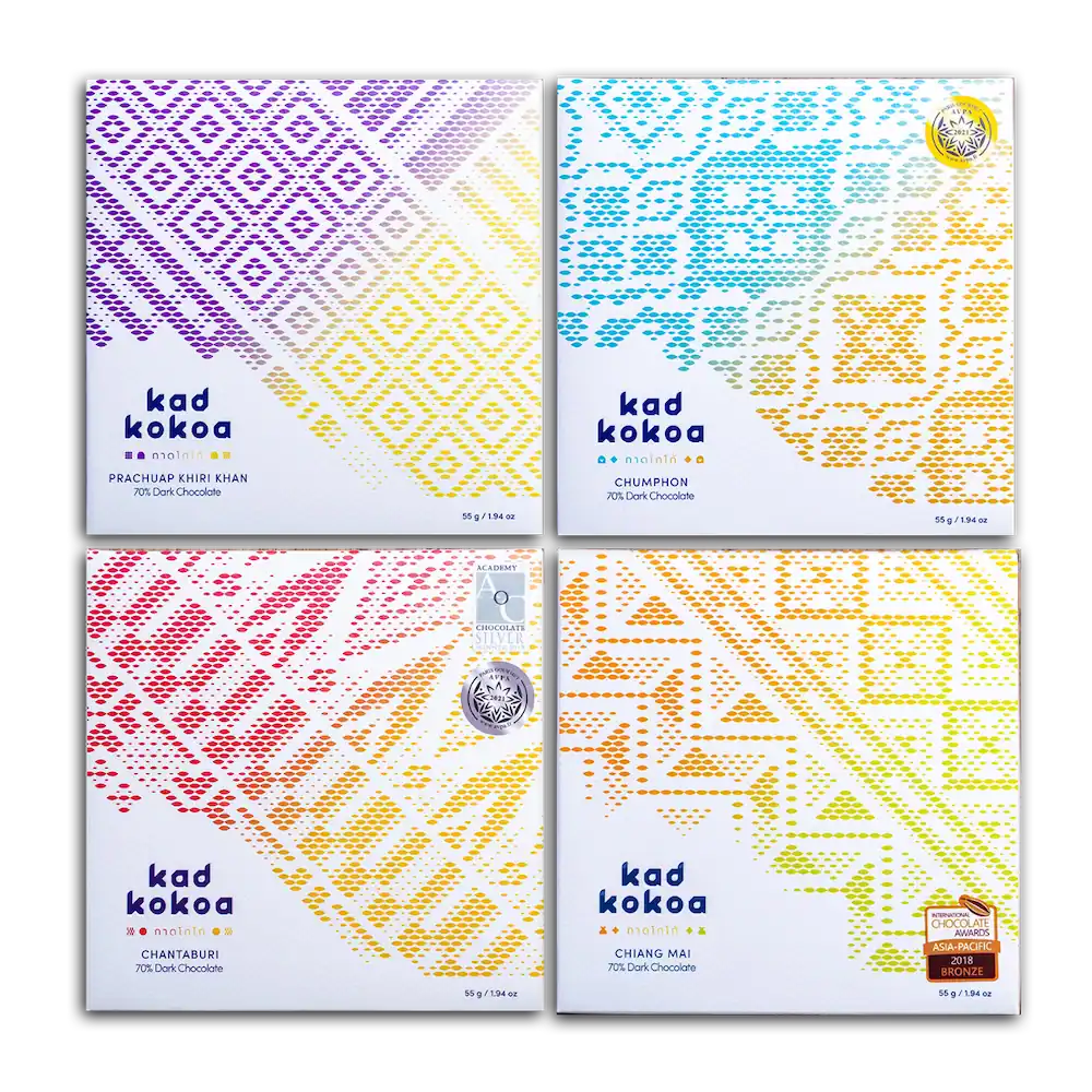 Kad Kokoa single origin dark chocolate bar set of 4, Prachuap Khiri Khan, Chumphon, Chantaburi and Chiang Mai