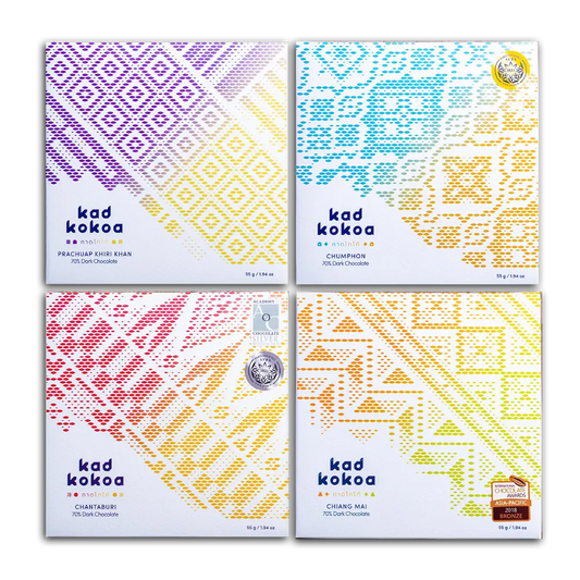 Kad Kokoa single origin dark chocolate bar set of 4, Prachuap Khiri Khan, Chumphon, Chantaburi and Chiang Mai