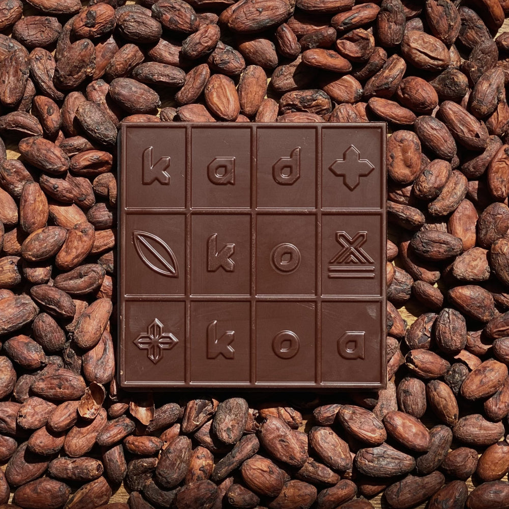 Chocolate bar with brand logo surrounded by cocoa beans