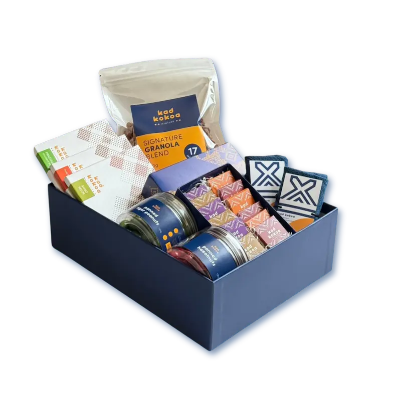 Kad Kokoa chocolate gift box with dark chocolate bars, panned nuts jars, granola blend and bonbons