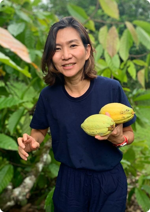 kad kokoa founder nuttaya holding thai cacao pods in a farm